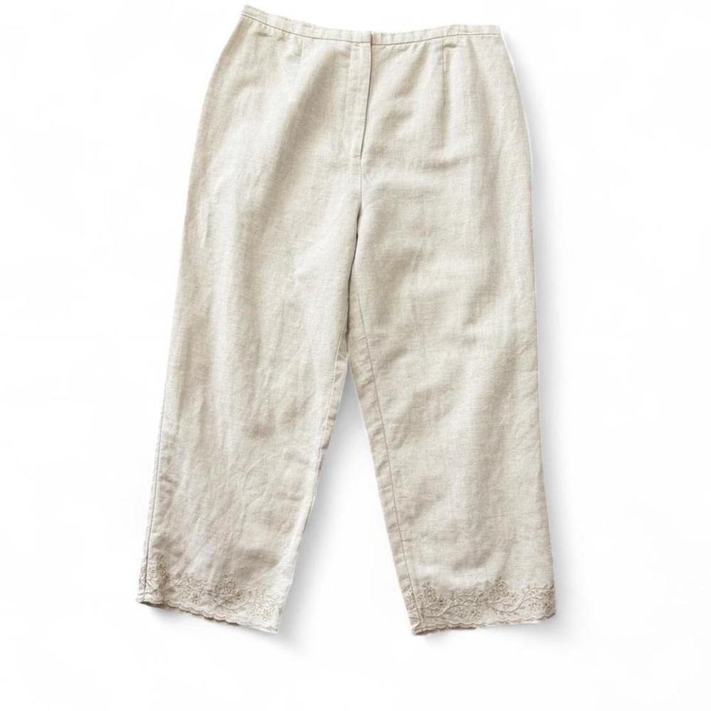 Vintage Linen Blend Cropped Pants Ivory Beige Embroidered Hem, Women's Size 12